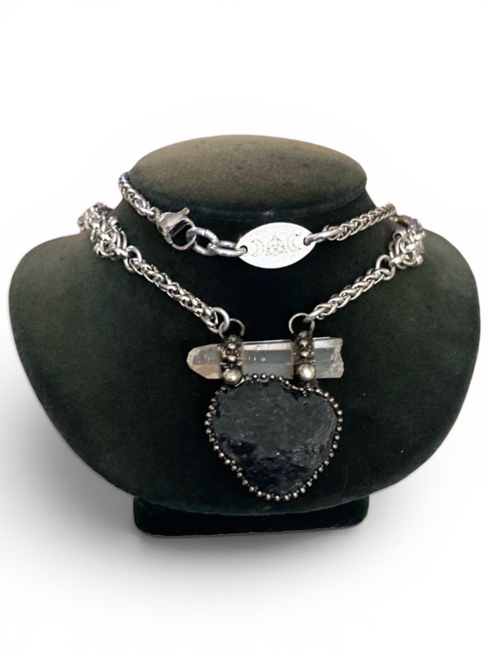 Natural black tourmaline & crystal quartz charm boho goth necklace